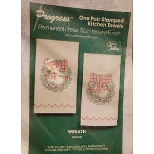 Progress One Pair Stamped Kitchen Towels for Embroidery Christmas Wreath 17*30